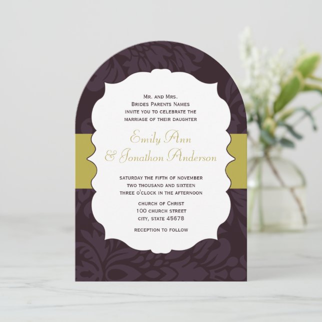 Modern Eggplant and Lime Damask Wedding Invite (Standing Front)