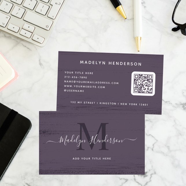 Modern Eggplant Purple Brush Strokes QR Code Business Card (Creator Uploaded)