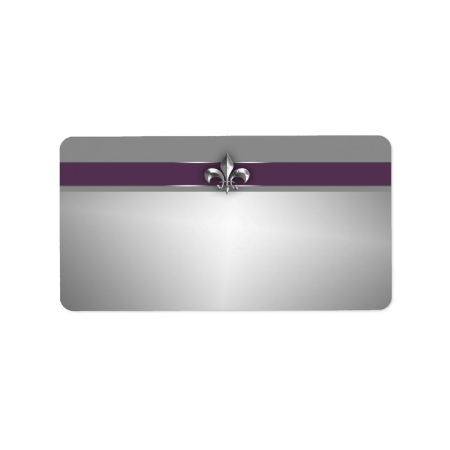 Modern Eggplant Purple Silver Fleur de Lis Label (Front)