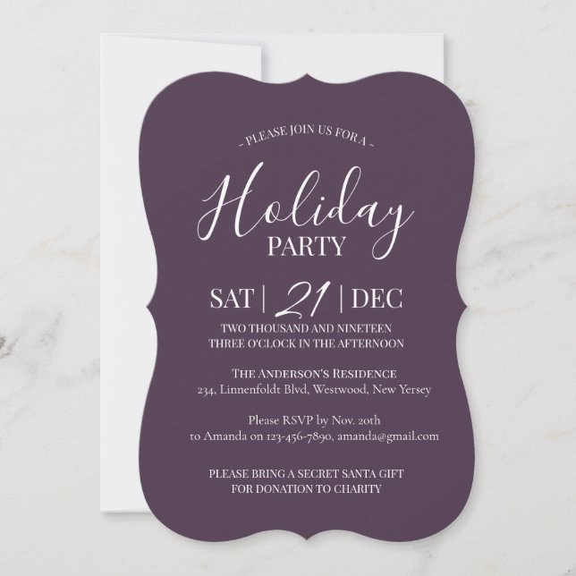 Modern eggplant white Christmas party invitation (Front)