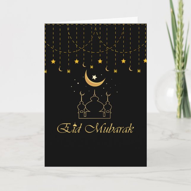 Modern Eid Mubarak Black & Gold Eid Card (Front)