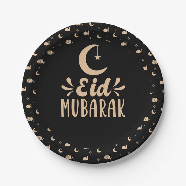 Modern Eid Mubarak Happy Eid Black Paper Plate (Front)