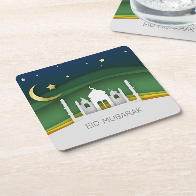 Modern Eid Mubarak Paper Cut Mosque Paper Coaster (Angled)