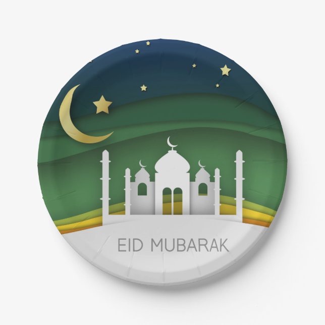 Modern Eid Mubarak Paper Cut Mosque - Paper Plate (Front)