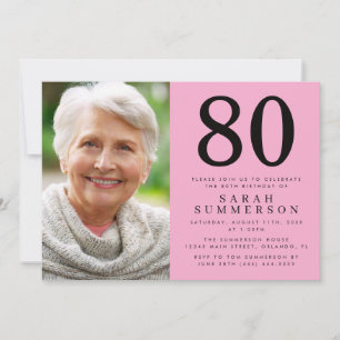 Modern Eighty Pink Black Photo 80th Birthday Invitation