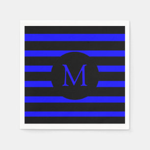 Modern Electric Blue and Black Stripes Monogram Napkin