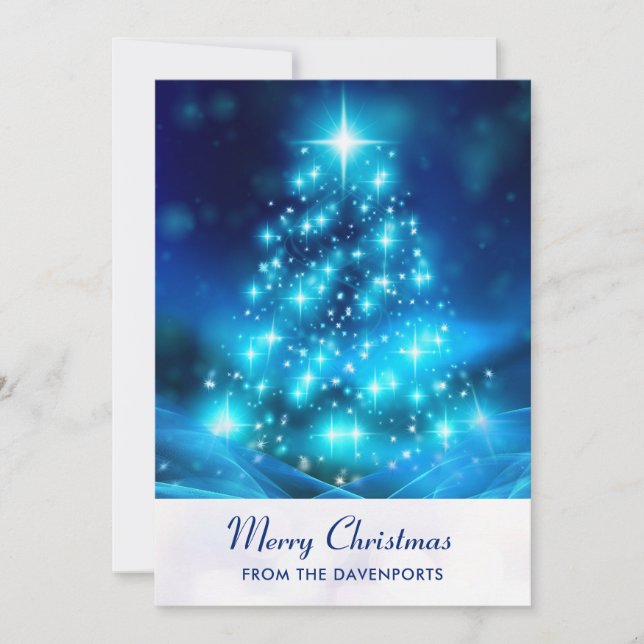 Modern Electric Blue Christmas Tree Holiday Card (Front)