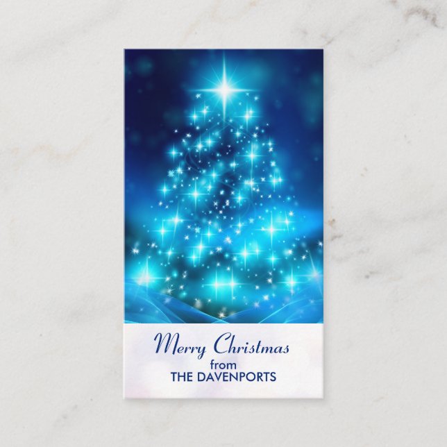 Modern Electric Blue Christmas Tree with Lights Business Card (Front)