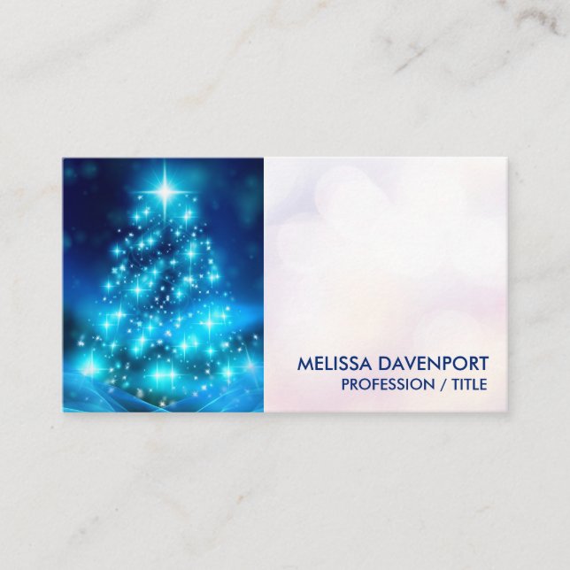 Modern Electric Blue Christmas Tree with Lights Business Card (Front)