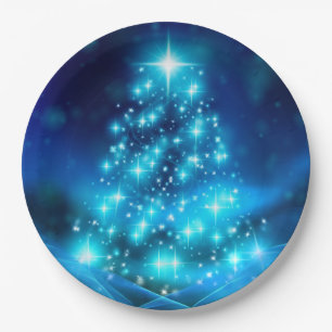 Modern Electric Blue Christmas Tree with Lights Paper Plate