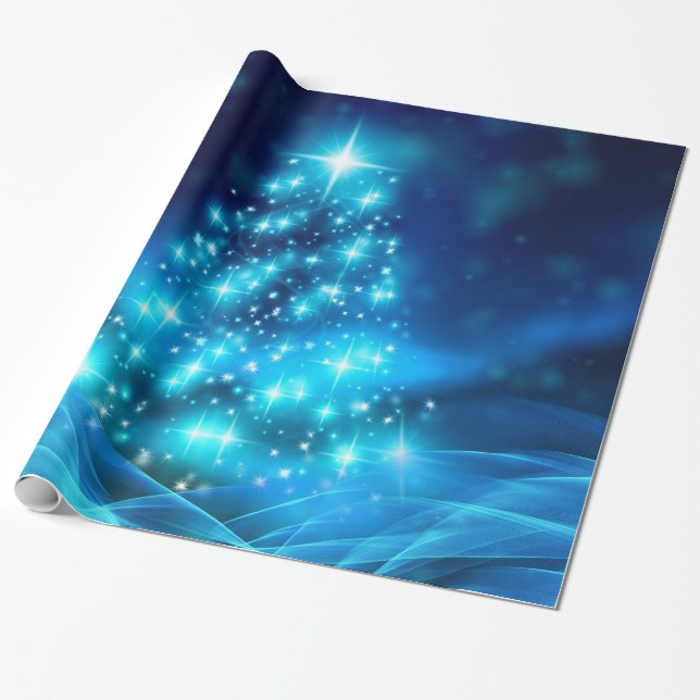 Modern Electric Blue Christmas Tree with Lights Wrapping Paper (Unrolled)
