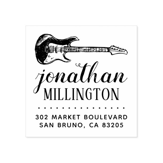 Modern Electric Guitar Name Script Return Address Rubber Stamp (Imprint)