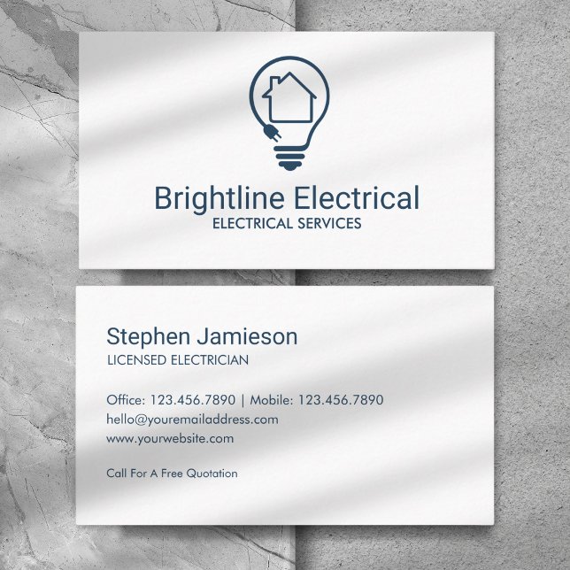 Modern Electrical Contractor Blue White Minimal Business Card (Creator Uploaded)