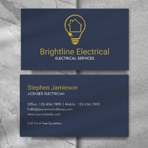 Modern Electrician Lightbulb Navy Gold Minimal Business Card