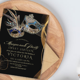 Modern Elegan Black Gold Masquerade 16th Birthday Invitation