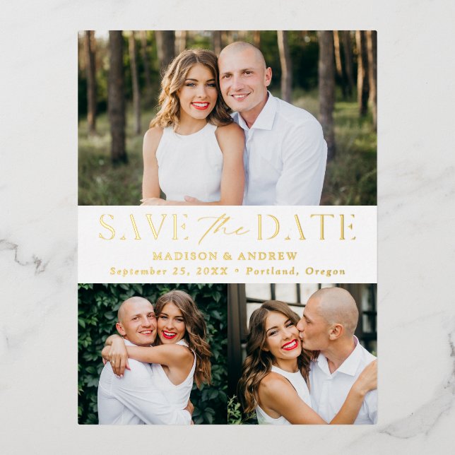 Modern Elegance 3 Photo Wedding Save the Date Foil Invitation Postcard (Front)