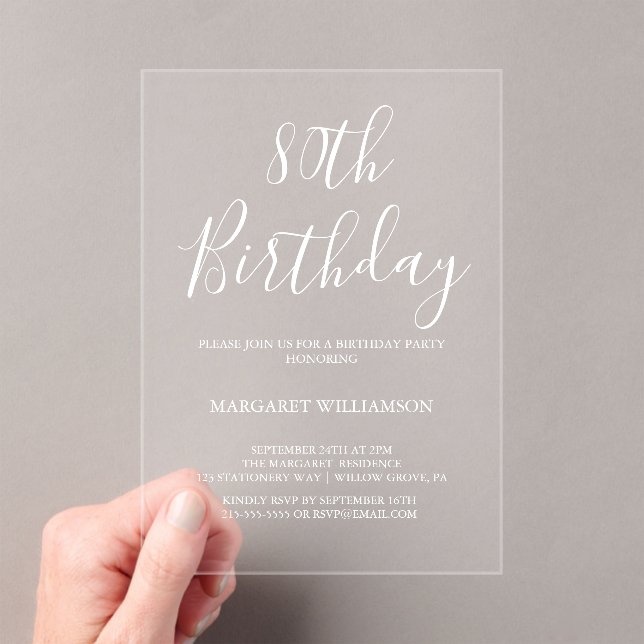  Modern Elegance  80th Birthday  Acrylic Invitations (Insitu (Handheld))