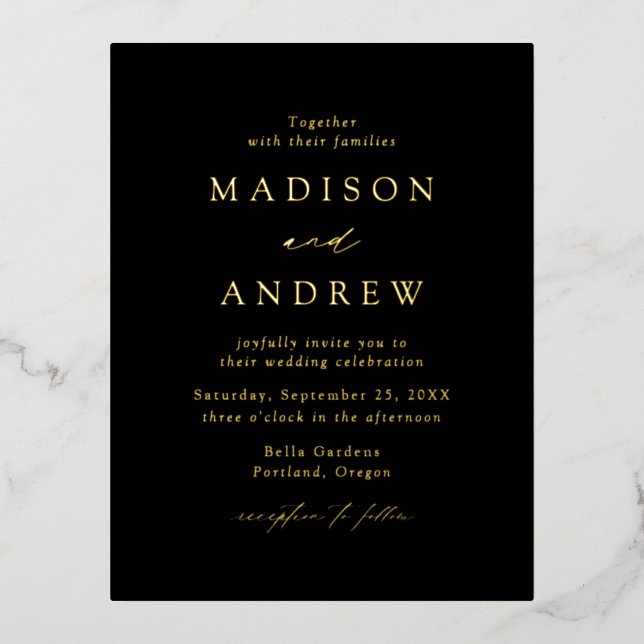 Modern Elegance Black and Gold Wedding Foil Invitation Postcard (Front)