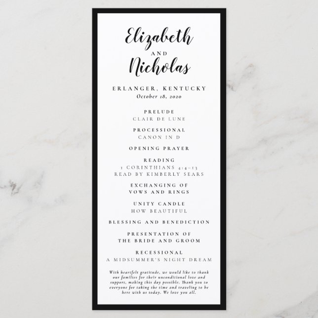 Modern Elegance Black and White Wedding Programme (Front)