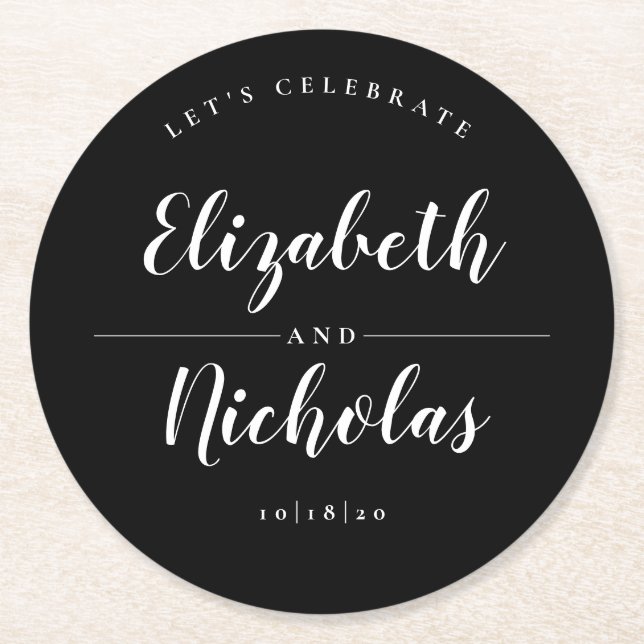 Modern Elegance Black and White Wedding Round Paper Coaster (Front)