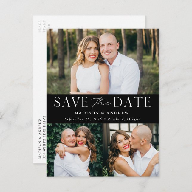 Modern Elegance Black Three Photo Save the Date Announcement Postcard (Front/Back)