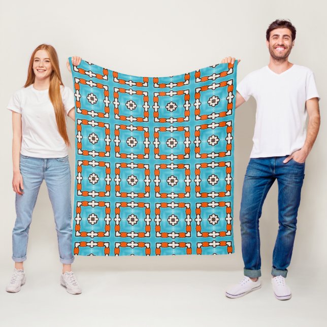 Modern Elegance Blue Orange White Azulejos Tile Fleece Blanket (In Situ)