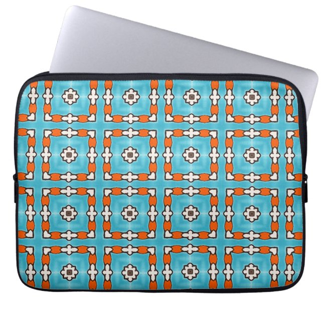 Modern Elegance Blue Orange White Azulejos Tile Laptop Sleeve (Front)