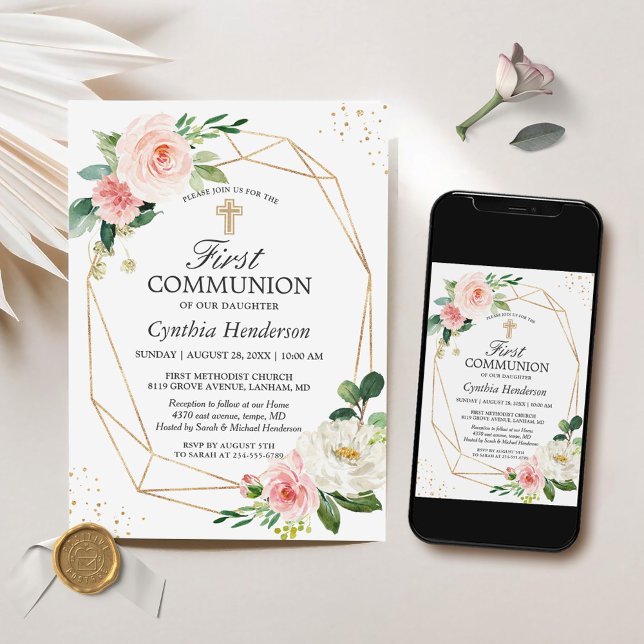 Modern Elegance Blush Pink Floral First Communion Invitation (Creator Uploaded)