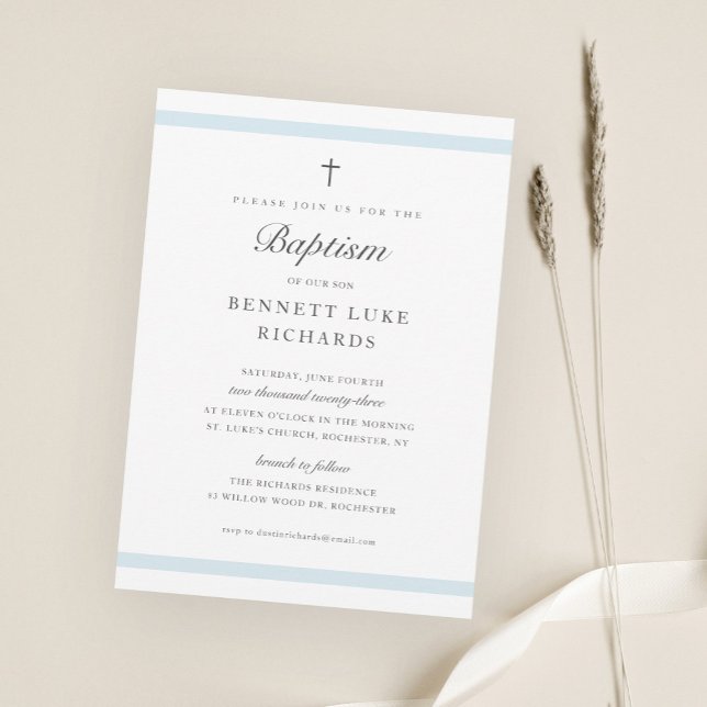 Modern Elegance Boys Baptism Invitation (Simple Elegant Blue Boys Baptism Invitations.)
