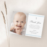 Modern Elegance Boys Baptism Thank You Postcard<br><div class="desc">The classic stripe baptism thank you card is a modern, clean postcard featuring soft blue stripes and a cross with photo on the front. The back is a mailable postcard. Grey customisable type allows you to change all of the information on the card to your liking. Perfect for a little...</div>