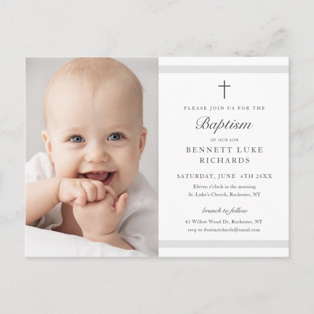 Modern Elegance Boys or Girls Photo Baptism Invitation Postcard (Front)