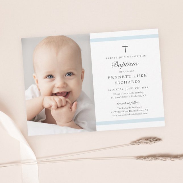 Modern Elegance Boys Photo Baptism Invitation (Modern boys photo baptism invitation with elegant script and minimal religious cross and typography.)