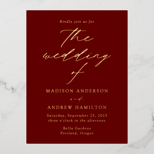 Modern Elegance Burgundy and Gold Wedding Foil Invitation Postcard (Front)