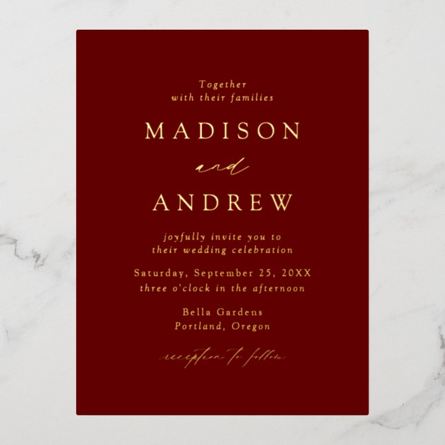 Modern Elegance Burgundy and Gold Wedding Foil Invitation Postcard (Front)