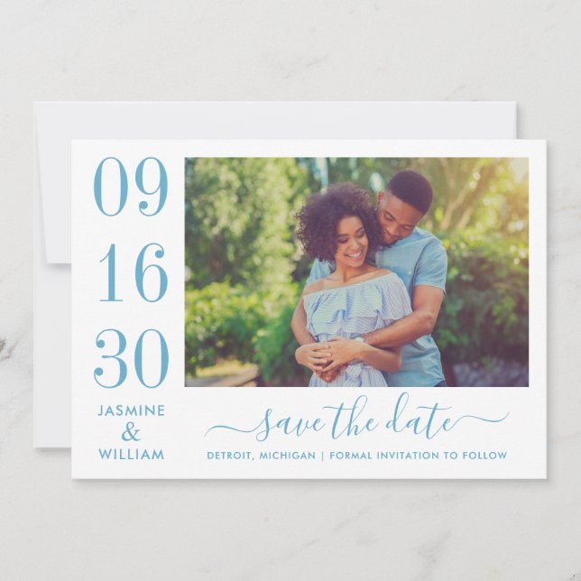Modern Elegance Dusty Blue Wedding Photo Save The Date (Front)