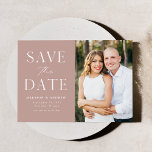 Modern Elegance Dusty Rose Photo Save The Date<br><div class="desc">Announce your wedding date with this stylish, modern photo save the date card. The design features "Save the Date" in white serif and script fonts with a dusty rose background. Personalize the minimalist save the date announcement by adding your names, date, wedding location, and photo. The card reverses to a...</div>