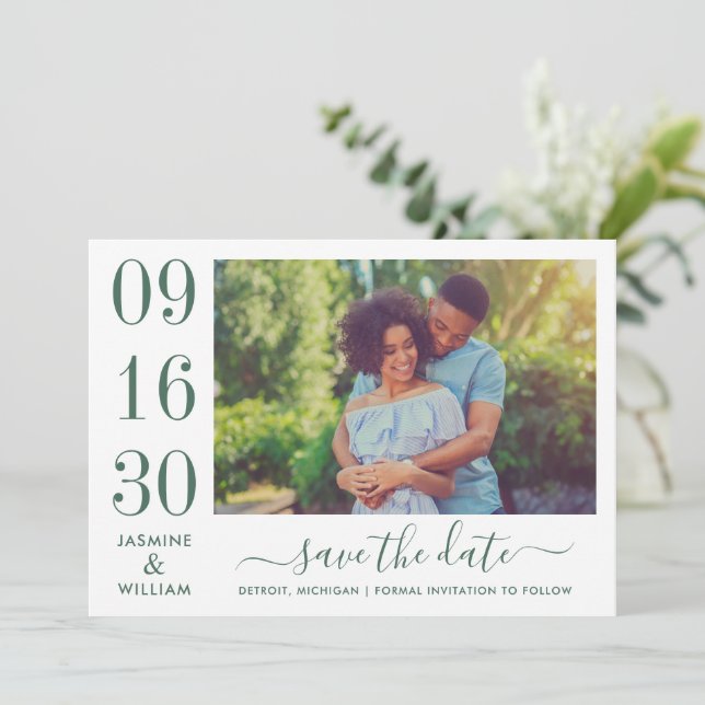 Modern Elegance Emerald Green Wedding Photo Save The Date (Standing Front)