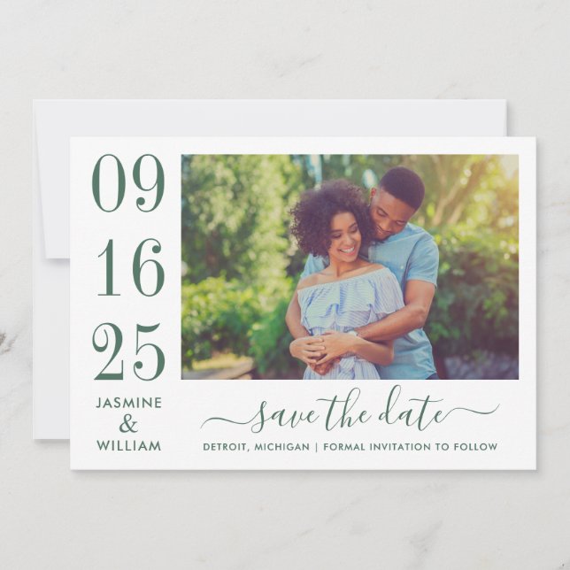 Modern Elegance Emerald Green Wedding Photo Save The Date (Front)