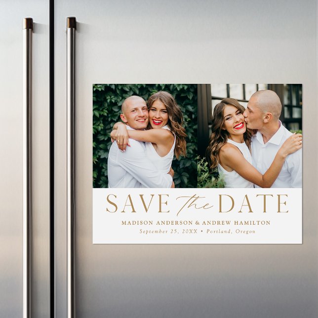 Modern Elegance Gold Two Photo Save the Date Magnetic Invitation (Creator Uploaded)