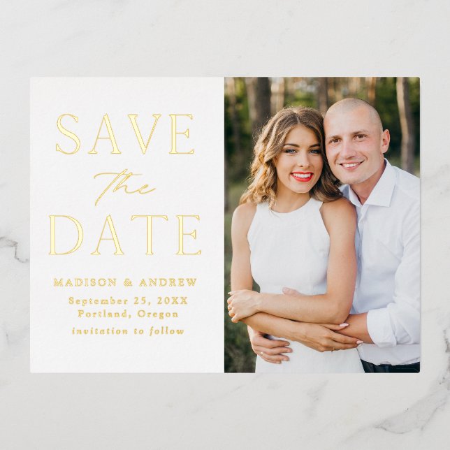 Modern Elegance Gold Wedding Save the Date Foil Invitation Postcard (Front)