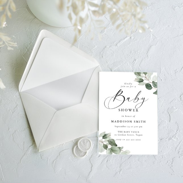 Modern Elegance Green Leaves Baby Shower Invitation (Creator Uploaded)