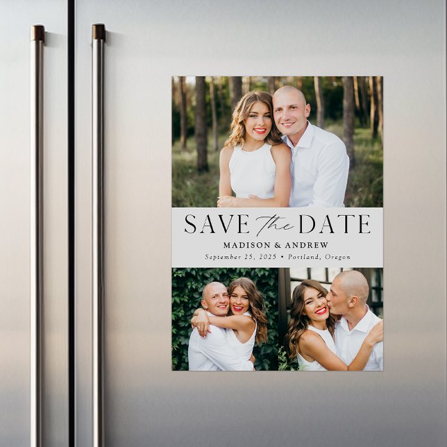 Modern Elegance Grey Three Photo Save the Date Magnetic Invitation (Creator Uploaded)