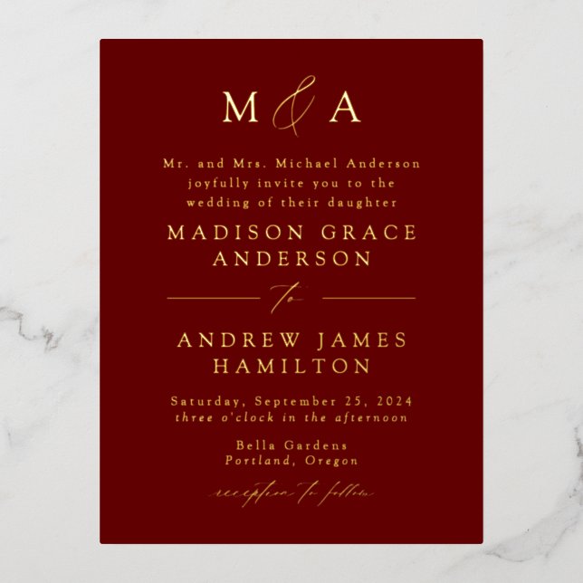 Modern Elegance Monogram Burgundy and Gold Wedding Foil Invitation Postcard (Front)