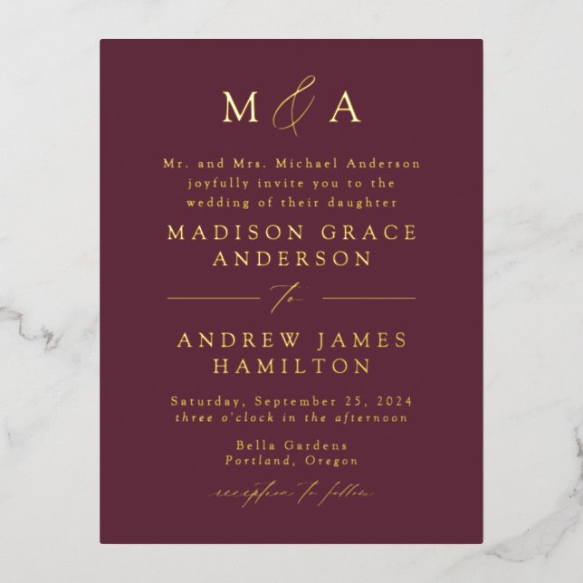 Modern Elegance Monogram Wine and Gold Wedding Foil Invitation Postcard (Front)