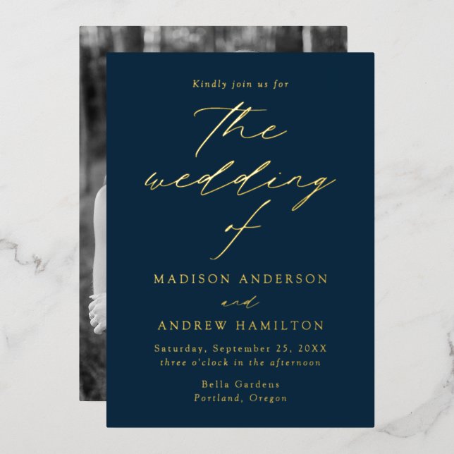 Modern Elegance Navy and Gold Photo Wedding (Front/Back)