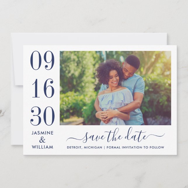 Modern Elegance Navy Blue Wedding Photo Save The Date (Front)