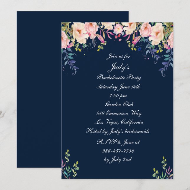 Modern Elegance Pink Floral Bachelorette Party Invitation (Front/Back)
