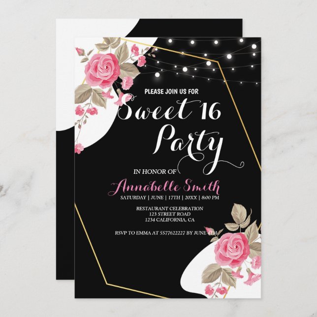 Modern Elegance Pink Floral string light  sweet 16 Invitation (Front/Back)