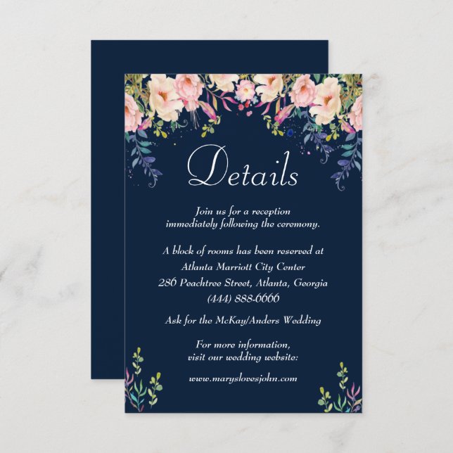 Modern Elegance Pink Floral Wedding Details Enclosure Card (Front/Back)