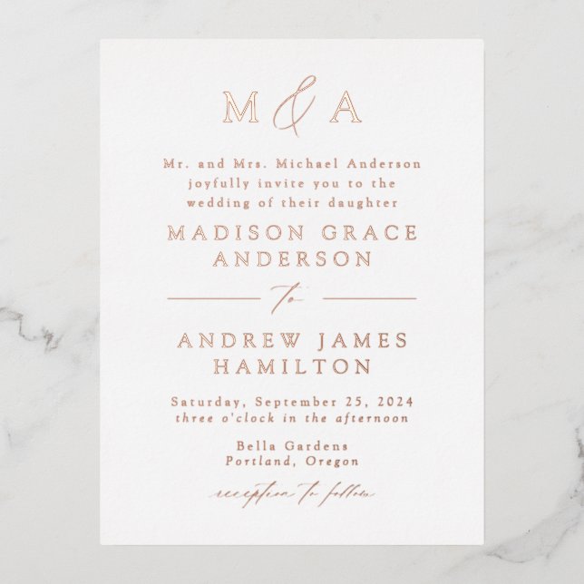 Modern Elegance Rose Gold Monogram Wedding Foil Invitation Postcard (Front)